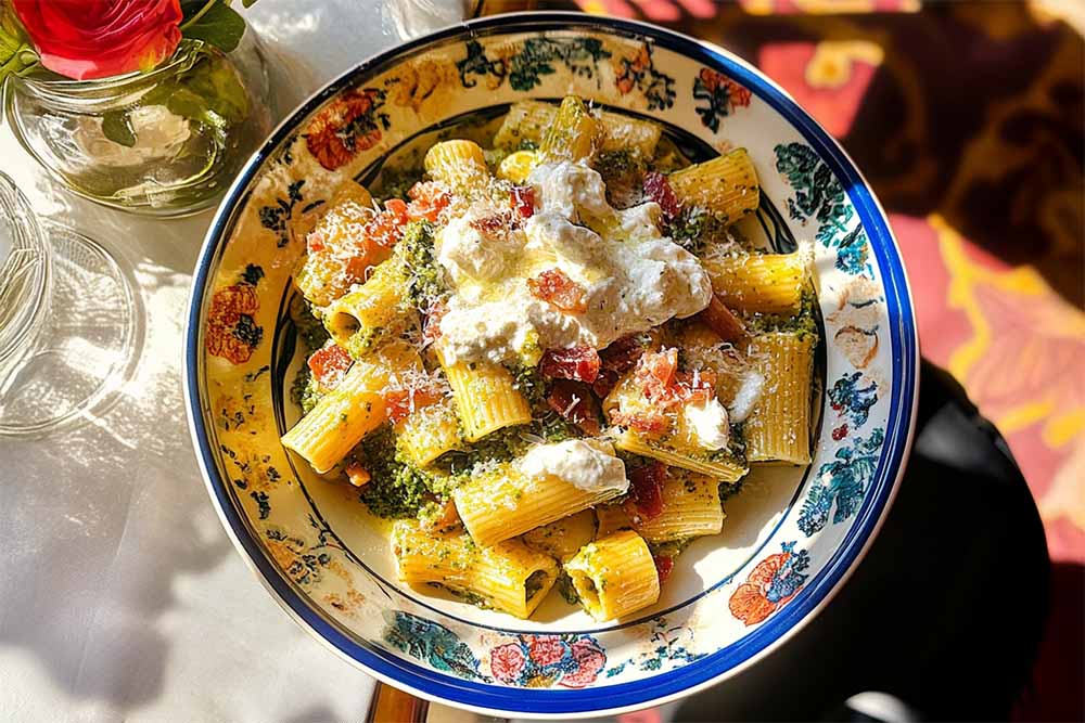 Rigatoni pesto with tomato and stracciatella