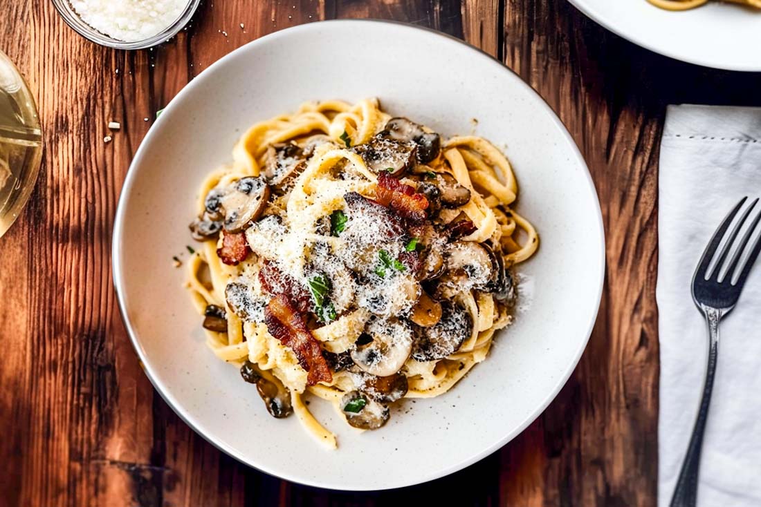 Spaghetti with mushroom and bacon