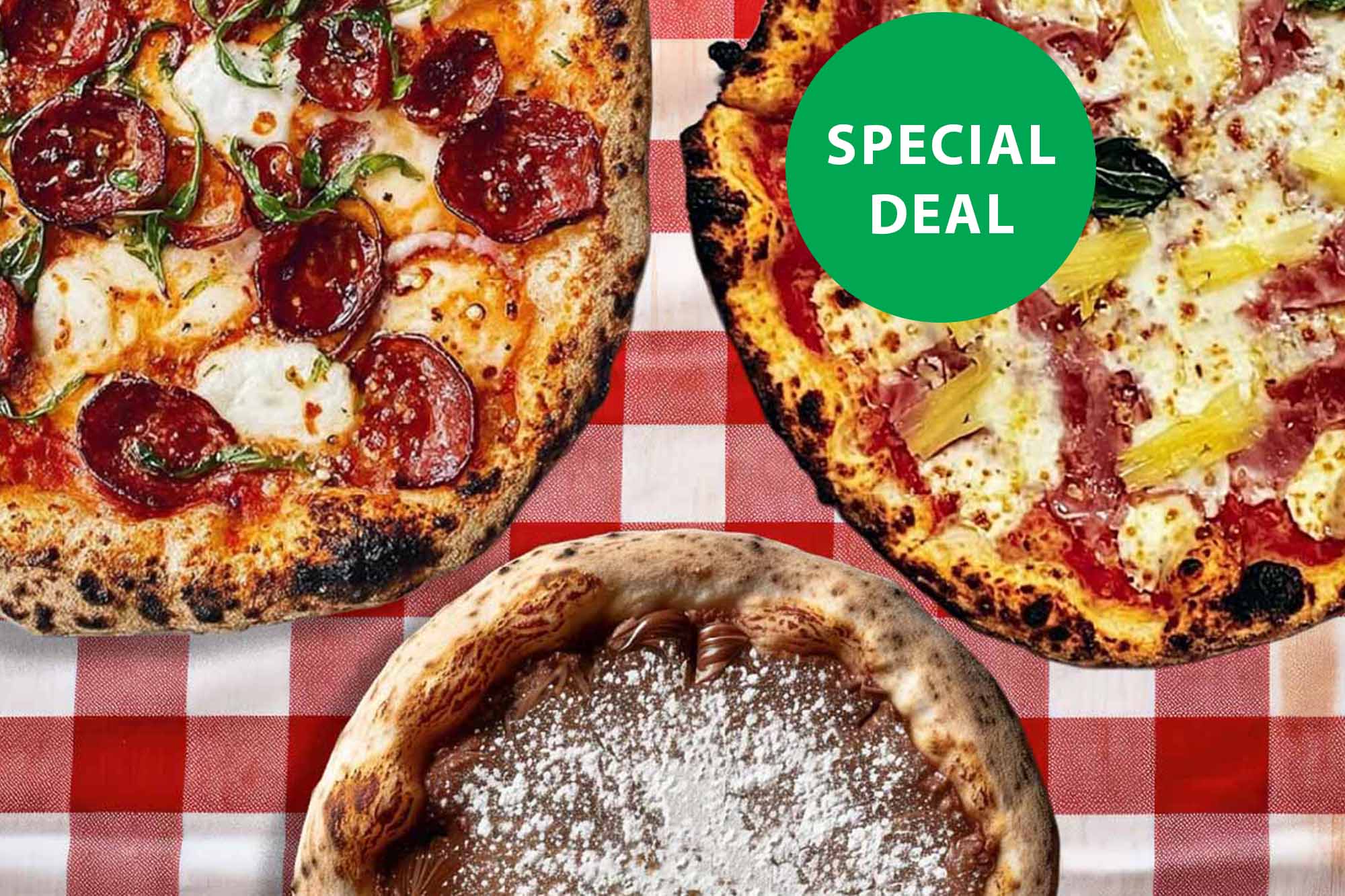 Pepperoni pizza (LARGE) + Hawaiian pizza (LARGE)+ 1 nutella