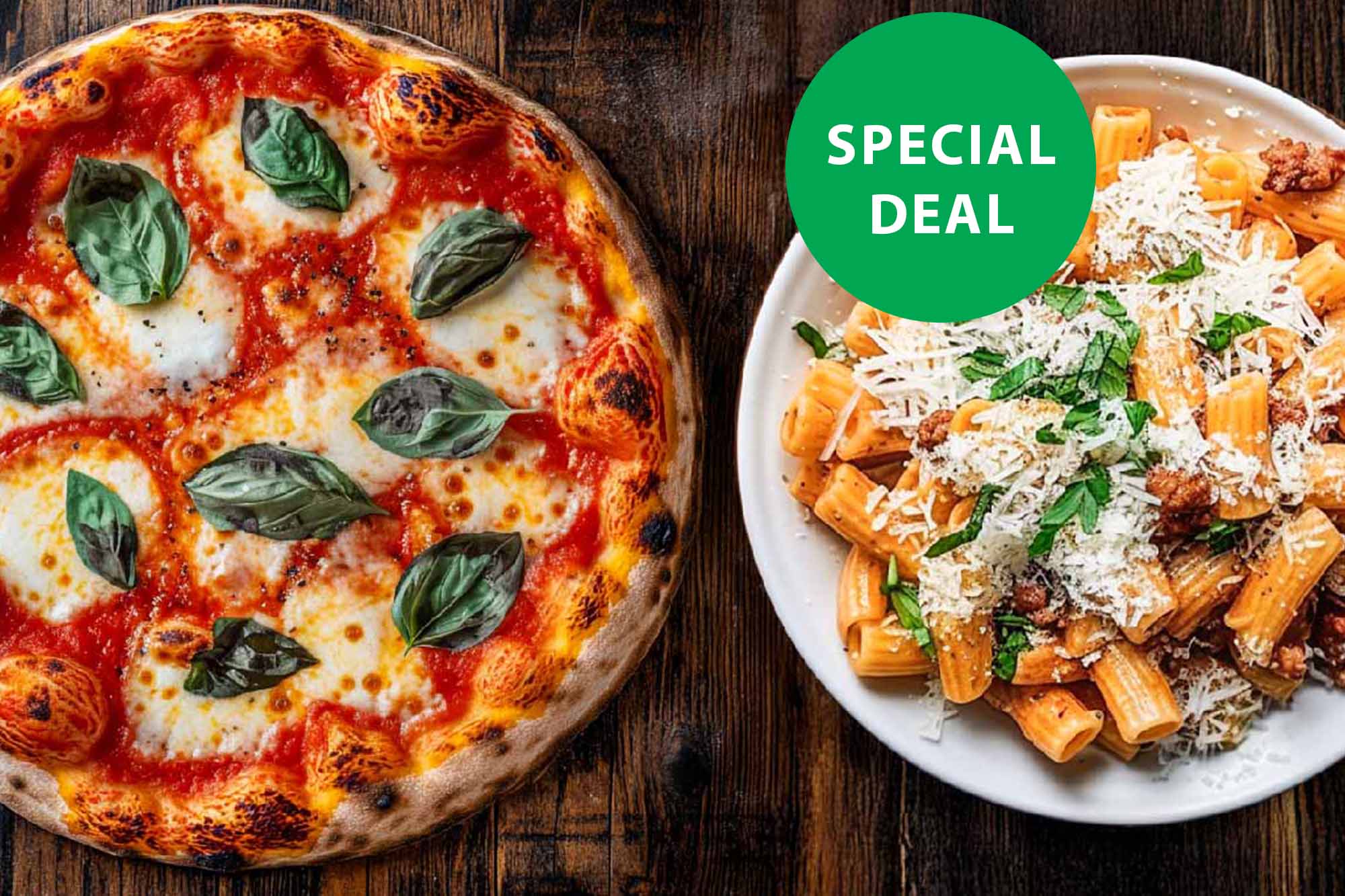 Cheese pizza + Rigatoni Bolognese