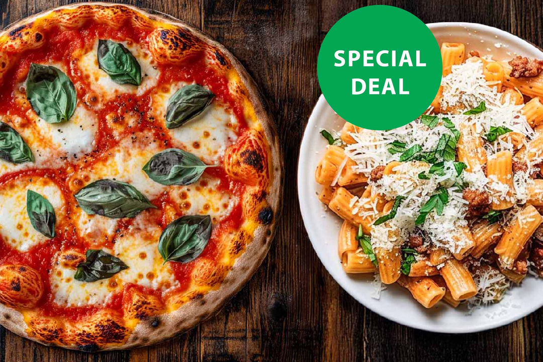 Cheese pizza + Rigatoni Bolognese